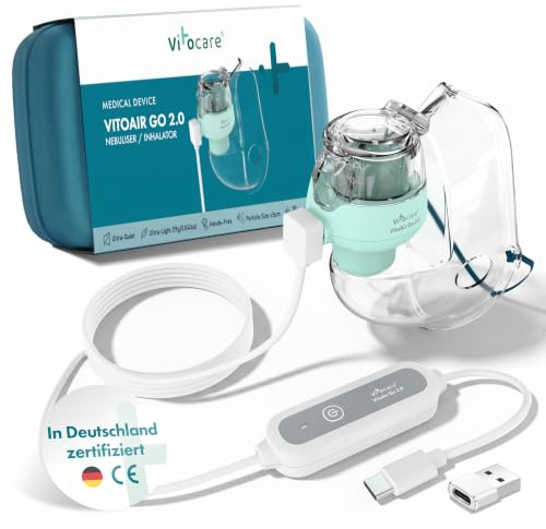 Nébuliseur adultes et enfants – vitocare VITOAIR Go 2.0, inhalateur ultraléger avec 2 tailles de masque, USB-C et USB, appareil portable