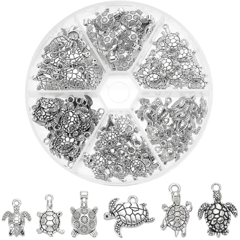 PandaHall 90Pcs Sea Turtle Charms Anhänger Charm 6 Stile Legierung Tibetische Meeresschildkröte Abstandshalter Perlen Ozean Tier Charms Silber Anhänger für Armband Halskette Schmuck Herstellung