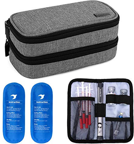 Yarwo Kühltasche für Insulin, Diabetes Zubehör Tasche, Diabetikertasche für Diabetes Spritzen, Insulininjektion Aufbewahrungstasche mit 2 Kühlakkus, Mittel, Grau