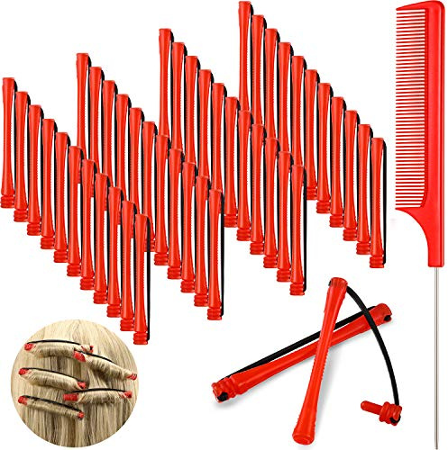 48 Pieces Hair Perm Rods Short Cold Wave Plastic Perming Hair Curling Rollers With Steel Pintail Comb Rat Tail Comb for Hairdressing Styling Supplies (0.2 Inch, Red)