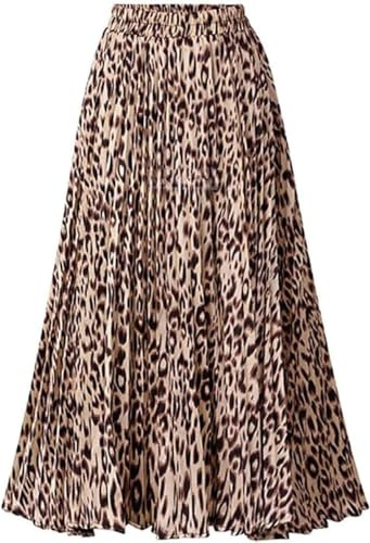 Womens Leopard Print Skirt Long Maxi Elasticated Waist Pleated A Line Skirts Boho Ladies Leopard XS