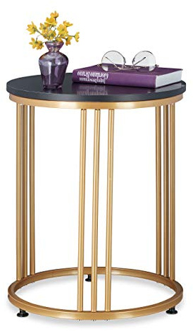 Relaxdays Mesa Auxiliar MARMO, Mesita Salón, Metal y MDF, Tablero Redondo, Efecto Mármol, 51 x 41 cm, Negro y Dorado
