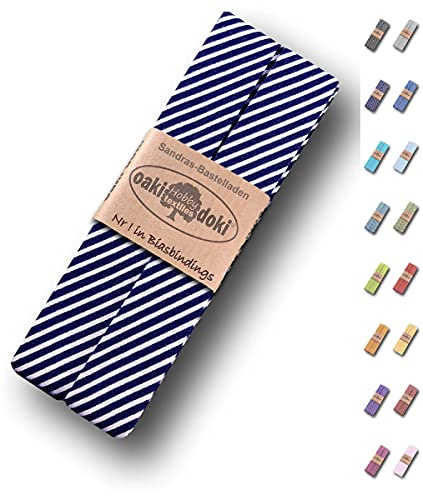 Sandras-Bastelladen Schrägband/Einfassband Baumwolle gefalzt 3m x 20mm - Streifen Muster 6003-Dunkelblau-Weiß
