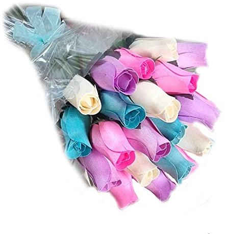 Homestreet Bouquet de fleurs éternelles, 2 douzaines de roses en bois dans un choix de couleurs vives, 24 boutons de rose dans un cellophane. Cadeau floral instantané (pastels)