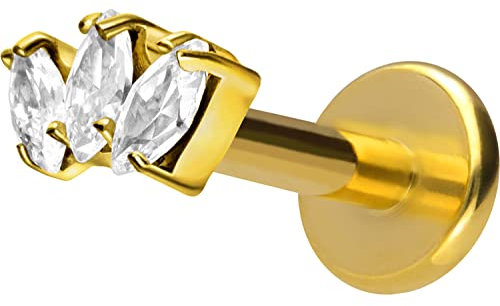 PIERCINGLINE Titan Labret mit Gewinde 3 Kristalltropfen Piercing Lippe Nase Ohr Helix Goldfarben 1,2 x 6 mm