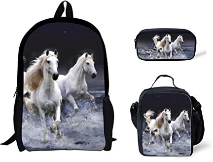 Pizding Schulrucksack für Teenager, Mädchen, Schultaschen mit Lunch-Etui, Federtasche, Halter, langlebig, lässig, Tagesrucksäcke, 3er-Pack, Weißes Pferd, L