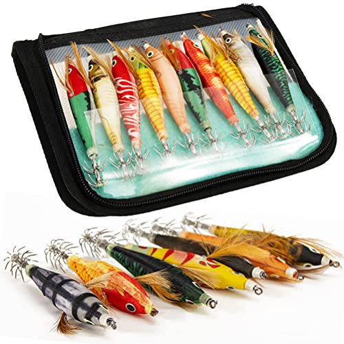 10 Piezas Señuelos de Pesca, señuelos de Anzuelo de Calamar de camarón de Madera, Cebo de Pescado con anzuelos de Calamar, Aparejos de anzuelos, señuelos Artificiales Duros de Manga de Sepia