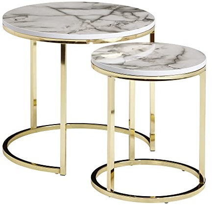 möbelando Design Beistelltisch 2er Set Weiß Marmor Optik Rund | Couchtisch 2 teilig Tischgestell Metall Gold | Kleine Wohnzimmertische | Moderne Satztische