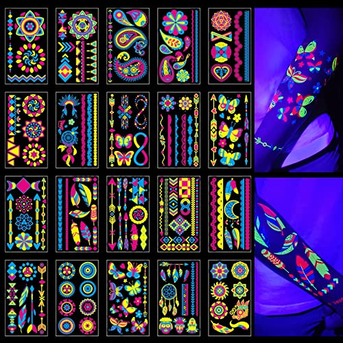Glow in the Dark Tattoos 172 PCS – Glow in the Dark Party Supplies, Neon Body Paint Be UV Blacklight Reactive Face Temporary Tattoos for Adults, Teens | Neon Accessories, Party Favors & Decorations
