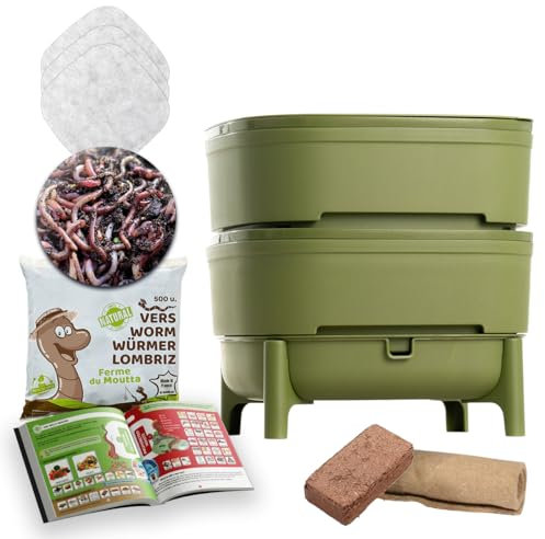 WORMcube Grün Design & Compact I 2-Etagen-Wurmkomposter I 250 gr Kompostwürmer / 500 STK. I Komplett-Set I Stoppfilter zum Ertrinken von Würmern