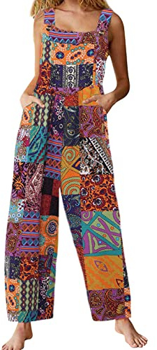 Himosyber Women's Patchwork Dual Pocket Jumpsuit Loose Floral Print Bohemian Wide Leg Bib Overall (Orange-M)