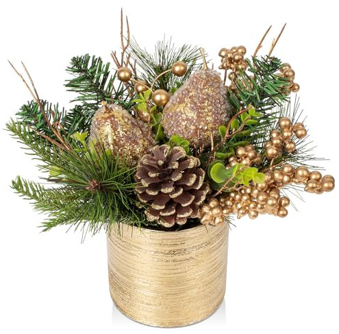 Oairse Small Christmas Tree 25cm Artificial Plant in Gold Ceramic Pots with Pears, Pine Cone, Berries, Mini Xmas Tree Ornaments Christmas Decorations for Home New Year Table Centerpieces