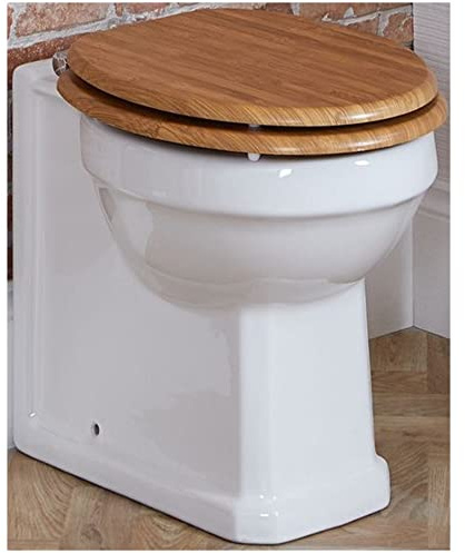 MILANO Comfort Height Back to Wall Toilet Pan Oak Effect Seat Chrome Hinges