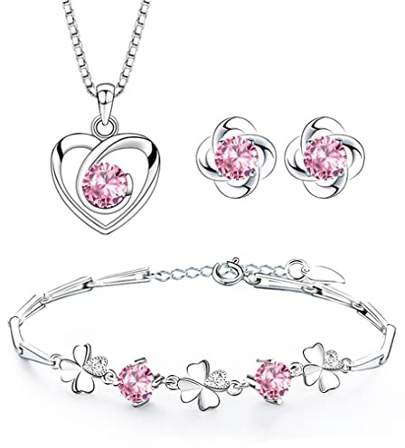 Josfeva Silver Jewellery Sets for Women, 925 Sterling Silver Stud Earrings & Necklace & Bracelet Set, Heart Pendant Necklace Clover Silver Studs & Bracelet Set, Lucky Jewellery Set with Pink Zirkonia