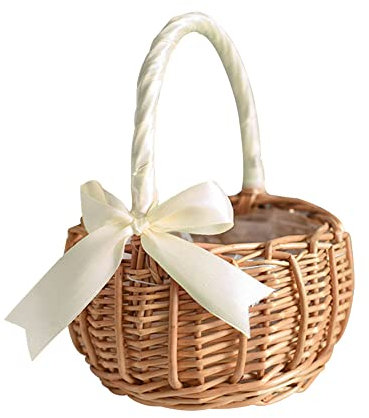 Sweieoni Rattan Blumenkorb Geflochtener Blumenkorb Hochzeit Blumenmädchen Korb mit Schleife Gewebter Wäschekorb Weidengriff Hochzeit Streukörbchen Rattankorb Handmade Willow Aufbewahrungskorb