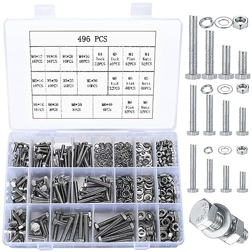 Hex Bolts and Nuts and Washers Assortment Kit, 496 Pcs Metric Hex Head Nuts and Bolts Kit, Stainless Steel Machine Screws Bolts Nuts Flat & Spring Lock Washers Set - M4 M5 M6
