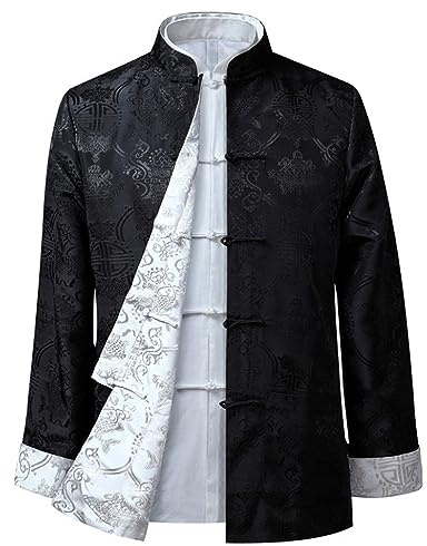 GVILTY Bordado Kung Fu chaqueta ambos lados desgaste tops hombres artes marciales ropa manga larga jersey,Tang traje abrigo tradicional chino algodón lino Tai Chi ropa negro1-S