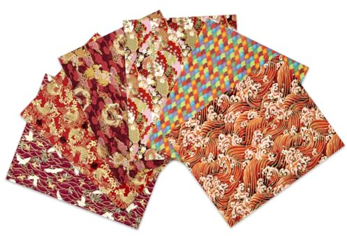 Paquetes de tela de estilo oriental, 6 unidades, asiático, chino, japonés, peces, floral, rojo, coronado, grulla, gran onda, dragón, rojo, material de tela, cuadrados, 50 x 40 cm, para costura,