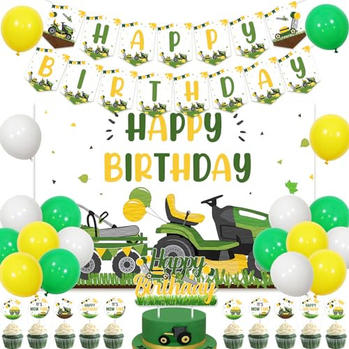 Balterever Lawn Mower Birthday Decorations Set Green Tractor Happy Birthday Banner Backdrop Tractor Garland Cake Topper Balloons Farm Tractor Party Lawnmower Birthday Party Decorations 1st 2nd