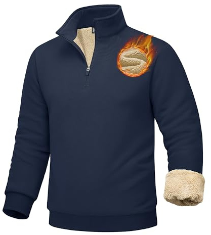 MAGCOMSEN Men's Sherpa Lined Sweatshirt Warm Fleece Quarter Zip Pullover Long Sleeve Winter Cotton Heavyweight Sweatshirts Navy L
