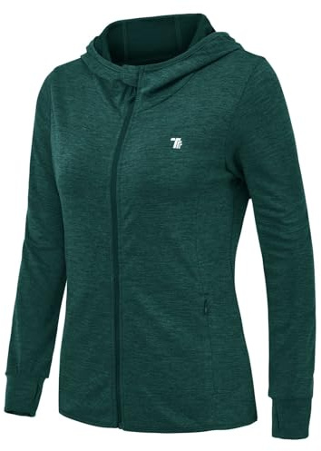 Rdruko Veste de course pour femme avec capuche UPF 50+ protection UV Hoodie entièrement zippée veste de sport légère à manches longues pour la course à pied, le yoga, le fitness, vert foncé, M