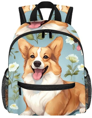 Niedlicher Kleinkind-Rucksack – Corgi Hund Blumen weiß einfache moderne Kindertasche für Vorschule, Schule, Mädchen und kleine Kinder, multi, 25.4x10x30 CM/10x4x12 in