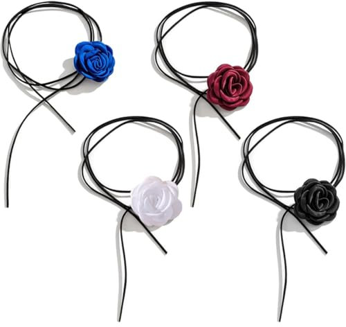4-teiliges Blumen-Halsketten-Set für Damen, elegante Rosen-Halskette, personalisierte Rosen-Halskette, lange Riemen Halskette, geeignet für Hochzeiten, Geburtstagsfeiern (Schwarz, Rot, Blau, Weiß)