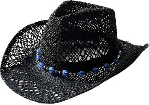 NASSMOSSE Schwarzer Stroh Cowboyhut, Cowgirl-Hut, atmungsaktive hohlige Cowgirl-Hüte Frauen breiter Krempe Sonnensicherer Strandhut mit verstellbarem Gurt Strohhut für Garden Beach Travel