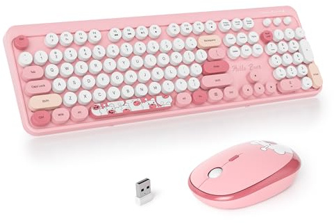 SbocKeeb Combo de teclado y mouse inalámbricos de máquina de escribir retro de 104 teclas, juego de oficina de tamaño completo, teclado rosa con teclas redondas silenciosas, ideal para portátiles y