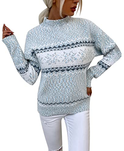 Norweger Pullover Damen Baumwolle Troyer Norweger Pullover Gestrickter mit Aufdruck Strickpullover Elegant Winterpullover Weihnachtspullover Pullover Große Größen Langarm Strickjacken