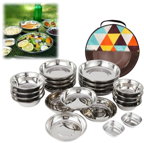 LOJAX Ensemble d'ustensiles de Cuisine de Camping 22 pièces, Accessoires de Cuisine de Camping, Vaisselle de Pique-Nique à Usage extérieur, Assiette en Acier Inoxydable
