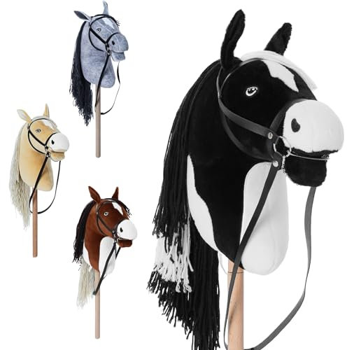 Hoofly® Hobby Horse Pferde – Großes Steckenpferd für Kinder A3 mit Trense & 40 cm Schraubstab | Realistisches & weiches Stockpferd Schwarz (Schecke) | Hobby Horsing Pferd in 4 liebevollen Farben