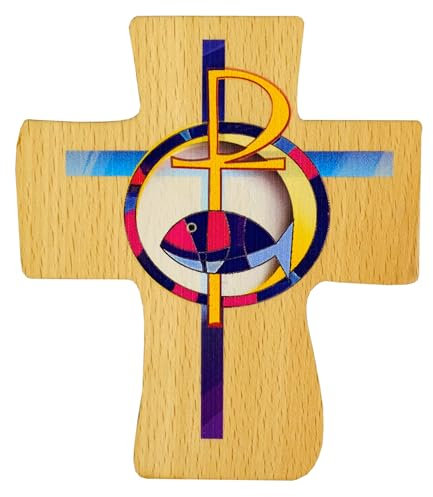 Kaltner Präsente Taufkreuz aus Echtholz Buche 12 cm – Kinderkreuz mit buntem Fisch Motiv – Geschenk zur Taufe Mädchen & Jungen – Wandkreuz Babyzimmer – hochwertiges Holzkreuz Natur