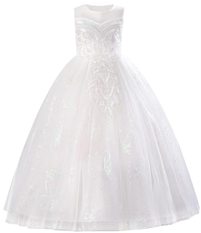 IDOPIP Flower Girls Beads Sequin Embroidery Sleeveless Tulle Midi Dress Bridesmaid Wedding Party Prom Gown Birthday Pageant Dress for Kid Girl White 160（11-12Y）