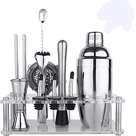 WLCNYL Juego de Herramientas de Barra Premium para coctelera/Kit de coctelera de 9 Piezas (18/8), mortero, medidor, Cuchara, vertedor, Pinza para Hielo y Juego de coctelera con Soporte (tamaño: