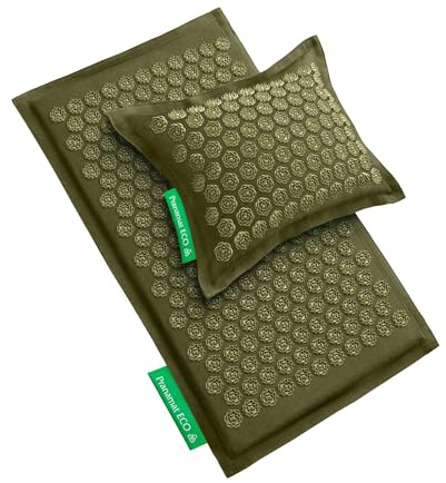 Pranamat Akupressur-Set mit großer Matte und Kissen. Hochwertige Akupressur für Schmerzlinderung und Entspannung – handgefertigt in Europa aus nachhaltigen Naturmaterialien. (Olive)