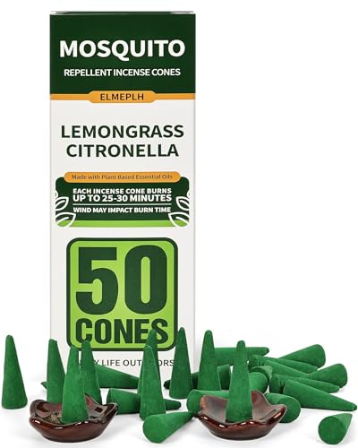 50 Pcs Mosquito Repellent Incense Cones - Natural Citronella Incense Cones for Camping, Patio, Hiking,Outdoor, etc - Includes 2 Ceramic Dishes
