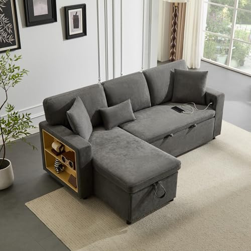 Rosebibi Divano letto ad angolo Divano angolare a forma di L Divano letto estraibile, con contenitore portabiancheria e scaffale integrato (grigio scuro)