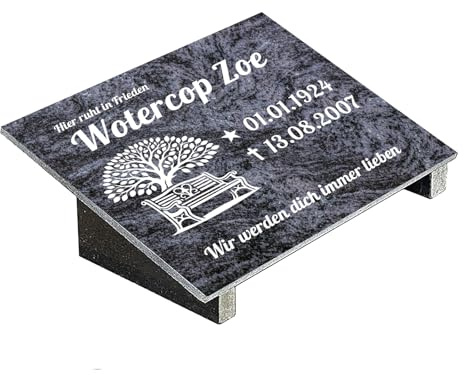 Grabplatte mit Inschrift aus Granit Orion Blue, personalisierbar Gedenktafel für Urnengrab, Wählmotiv, Grabstein für 1-2 Pers., Urnengrabstein (Orion Blue, 20x30cm mit Stützen, Bank)