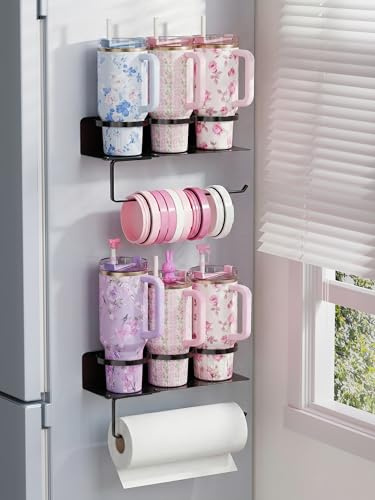 YIGII Magnetic Cup Holder for Fridge, 2 Pack Water Bottle Organizer for Stanley Cup with Tumbler Lid Holder, Magnetic Tumbler Storage Rack for Metal Surfaces (Black)