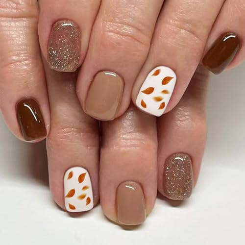 Nymora 24 Stück Press On Nägel Kurz, Weiß-Braune Herbst Falsche Nägel mit Ahornblättern, Press On Nails Kurz, Künstliche Nägel mit Kit (Dankbarkeit, Herbst)