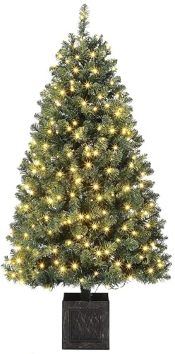 Garvee 145 cm künstlicher Weihnachtsbaum mit 300 Lichtern, 8 Modus Warmweiß Vorbeleuchteter Metallgestell Weihnachtsbaum mit Vintage Blumentopf Weihnachten Deko für Familientreffen, Büro und Flure
