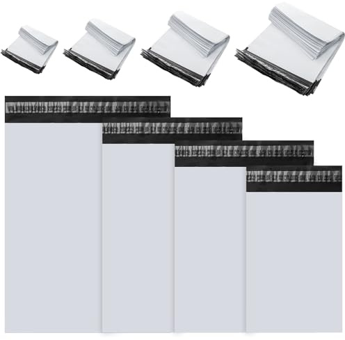 ZAVOOS 200 Pieces Poly Mailers, Strong Adhesive Plastic Shipping Bags for Small Business, Waterproof Tear-Resistant White Mailing Envelopes for Packaging Clothing, Books, 4 Assorted Sizes