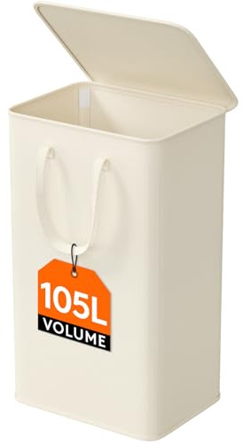 Lifewit Tvättkorg med Lock, Hopfällbar Organizer, Smal Korg Extra Platt, Förvaring Med Förlängda Handtag För Sovrum Badrum Tvättstuga, 105 L, Vit | Stor tvättlåda med handtag som en vikbar tvättbehållare för sovrum, badrum och tvättstuga