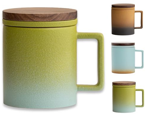 JanYoo Teetasse mit Deckel und Sieb, 300ml Teebecher mit Teesieb und Deckel für Losen Tee, Blooming Tea, Keramik Farbverlaufende Glasur Teetassen Geschenke für Teeliebhaber(Grün)