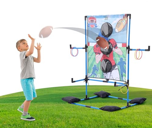 MABOZOO 2-in-1 Football Toss & Ring Toss Game Set for Kids, Dual Mode Indoor Outdoor Toys with 3 Inflatable Balls and 6 Rings, Football Throwing Target Games for Boys Girls 3-12