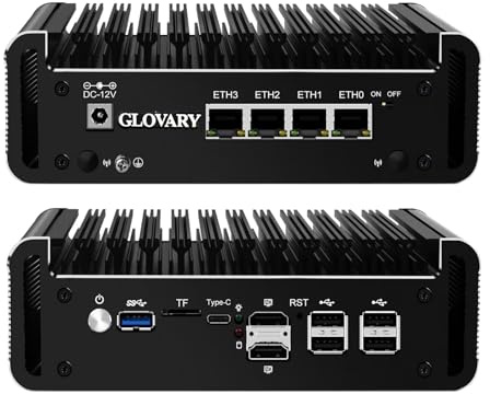 Glovary Firewall Mini PC J6413 4 Core, 4 x i226V 2.5GbE LAN OPNsense Router Micro Appliance, DDR4 8GB RAM 128GB SSD, AES-NI, Fanless Computer Hardware, 2 x NVMe Slot, 2 x SATA3.0, 2HD+USB-C 3 Display