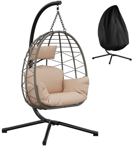 Aptliton Heavy Duty 130kg Collapsible Hanging Egg Chair with Stand – PE Rattan Hammock Swing – Cushions & Weatherproof Cover – Indoor Outdoor Wicker Lounge – Grey Rattan, Beige Polyester, Black Rain