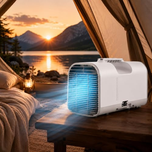 Condizionatore Portatile 4400/5100 BTU, Climatizzatore Mobile 4 in 1 Telecomando, Raffreddamento, Ventilatore, Deumidificatore e Modalità Sleep, per Campeggio, Camper, Tenda Piccoli Ambienti