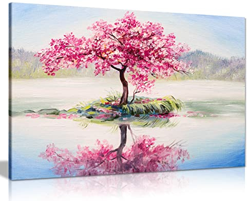 Japanese Oriental Cherry Tree on Lake Painting Canvas Wall Art Picture Print (24x16)
